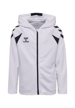 Felpa con cappuccio bianca con zip, con motivi a chevron neri sulle spalle, cerniera nera e logo "hummel" nero sul petto.