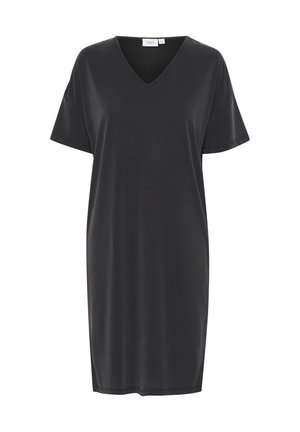 Kratka haljina s kratkim rukavima i V-izrezom u tamno sivoj boji, izrađena od glatkog, laganog materijala. Ima opušteni kroj i do koljena dug dizajn.