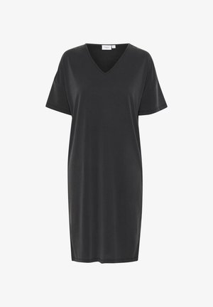 Kratka haljina s kratkim rukavima i V-izrezom u tamno sivoj boji, izrađena od glatkog, laganog materijala. Ima opušteni kroj i do koljena dug dizajn.