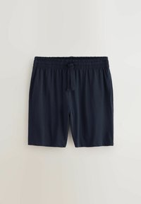 Marineblaue Badeshorts mit elastischem Bund, Kordelzug und lockerer Passform. Hergestellt aus glattem Stoff mit leichter Textur.