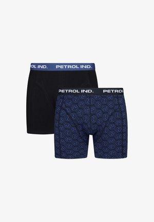 Boxer shorts noirs et bleus avec un motif géométrique, dotés d'une large ceinture portant la marque "PETROL IND." Chaque paire présente une texture lisse.