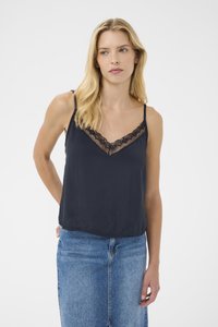 Navy camisole dengan tali spaghetti yang dapat disesuaikan, dilengkapi dengan hiasan renda di sepanjang leher dan bahan yang halus serta ringan.