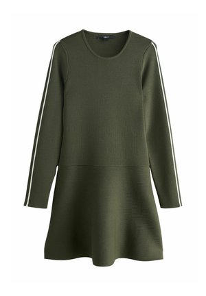 Olive roheline kleit pikkade varrukatega, sooneline tekstuur, ümara kaelusega ja valgete külgtriipidega. A-line siluett siledaga hemiga.