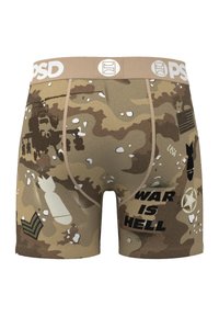 Bokserbriefs med kamuflasjemønster i nyanser av beige og brun, med teksten "KRIG ER HELVETE" og forskjellige militære symboler og detaljer.