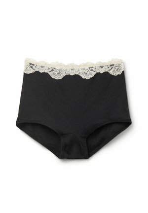 Svart bomullsbrief med högskuren design. Har en delikat krämfärgad spetsmidja. Tyget har en slät, något texturerad yta.