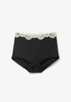 Zwarte katoenen slip met een hoog uitgesneden ontwerp. Kenmerkt zich door een delicate crèmekleurige kanten tailleband. De stof heeft een gladde, licht gestructureerde afwerking.