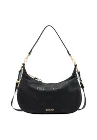 Borsa hobo nera realizzata in materiale texturizzato, con hardware in tono oro, motivo a logo impresso e una singola tracolla regolabile.