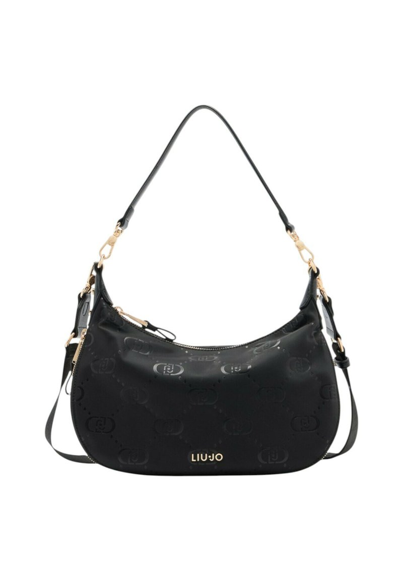 Borsa hobo nera realizzata in materiale texturizzato, con hardware in tono oro, motivo a logo impresso e una singola tracolla regolabile.