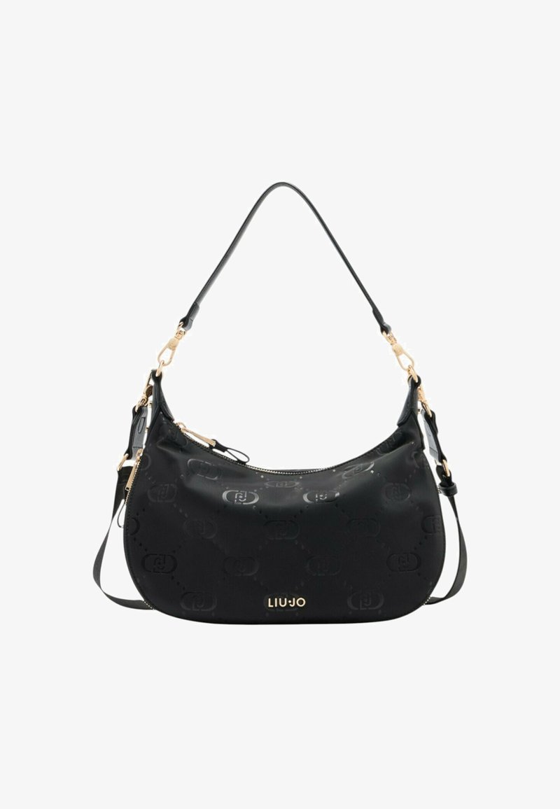Borsa hobo nera realizzata in materiale texturizzato, con hardware in tono oro, motivo a logo impresso e una singola tracolla regolabile.