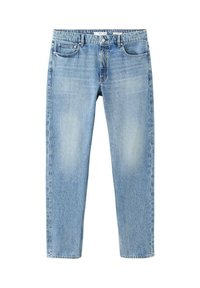 Vaqueros de mezclilla azul claro de pierna recta con bolsillos delanteros, presillas para cinturón y cierre de botón, exhibidos sobre un fondo blanco.