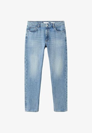 Jeans denim a gamba dritta di colore azzurro chiaro con tasche anteriori, passanti per cintura e chiusura con bottone, mostrati su uno sfondo bianco.