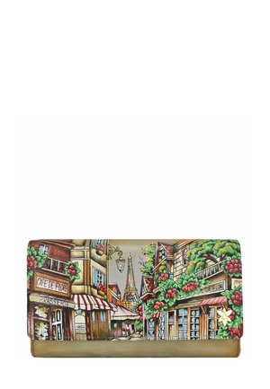 Buntes Lederportemonnaie mit Pariser Straßenszenen, Blumen und dem Eiffelturm. Das Design umfasst lebendige Details und einen goldenen Akzent.