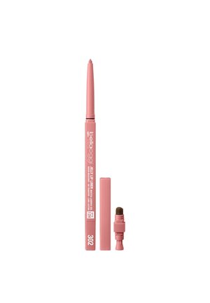 Evidenziatore labbra rosa con design a rotazione. Include un pennello per sfumare. Presenta un'etichetta trasparente che indica la tonalità "302" e una durata di 12 ore.