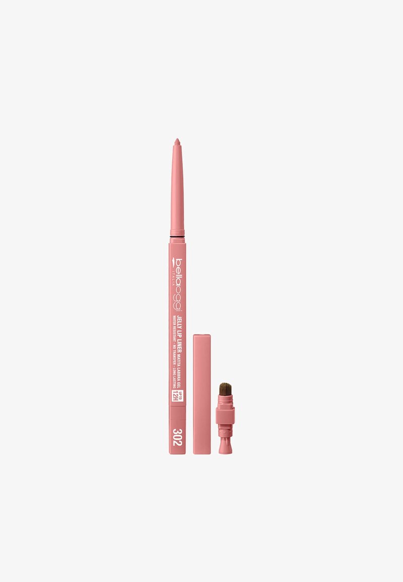 Evidenziatore labbra rosa con design a rotazione. Include un pennello per sfumare. Presenta un'etichetta trasparente che indica la tonalità "302" e una durata di 12 ore.