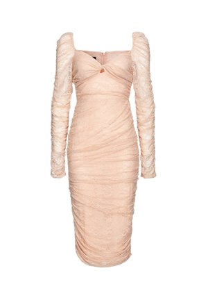 Světle růžové midi šaty z krajky s dlouhými nařasenými rukávy, výstřihem ve tvaru srdce a přiléhavým střihem.
