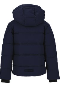 Marineblaue gesteppte Jacke mit Kapuze, horizontalen Nähten, gerippten Bündchen und einem kleinen Logodetail nahe dem Saum.
