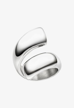 Silberfarbener Ring mit einem glatten, geschwungenen Design und zwei miteinander verbundenen Abschnitten. Die hochglanzpolierte Oberfläche und die abgerundeten Kanten verleihen einen modernen Look.