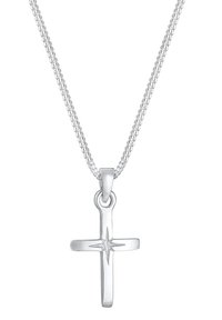 Silbernes Kreuzanhänger an einer Kette, mit polierter Oberfläche, elongated Form und einem zentralen Sternmotiv, das an einer einfachen Gliederkette hängt.