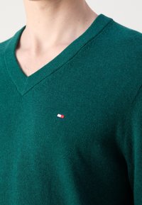 Homme portant un pull vert à col en V avec un petit logo rectangulaire rouge, blanc et bleu sur le côté gauche de la poitrine, sur fond uni.