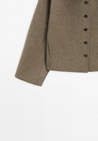 Brown wool long-sleeve jacket with black buttons and side pockets on a white background.