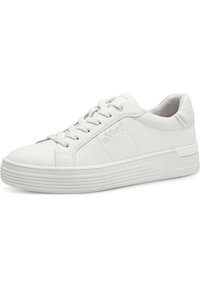 Weiße Sneakers mit einem Obermaterial aus glattem Leder, runder Zehenform, Schnürverschluss, strukturiertem Gummisohle und Logodetail an der Seite.