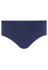 Slip blu navy con una texture liscia, dal taglio classico e un'ampia fascia elastica in vita. Presenta un colore solido senza motivi o decorazioni.