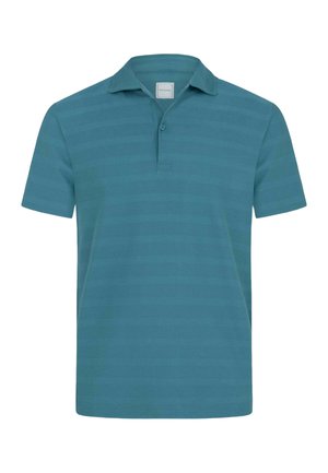 Polo a maniche corte color teal con sottili righe orizzontali, colletto con bottoni e una piccola etichetta bianca all'interno del collo.