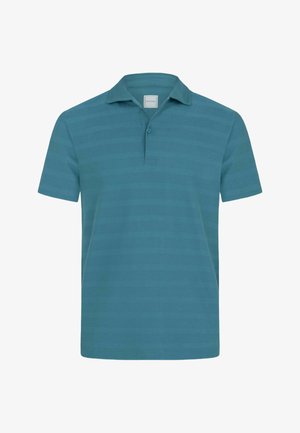 Krótki rękaw polo w kolorze morskim z subtelnie poziomymi paskami, zapięty kołnierzyk oraz mała biała metka wewnątrz kołnierza.