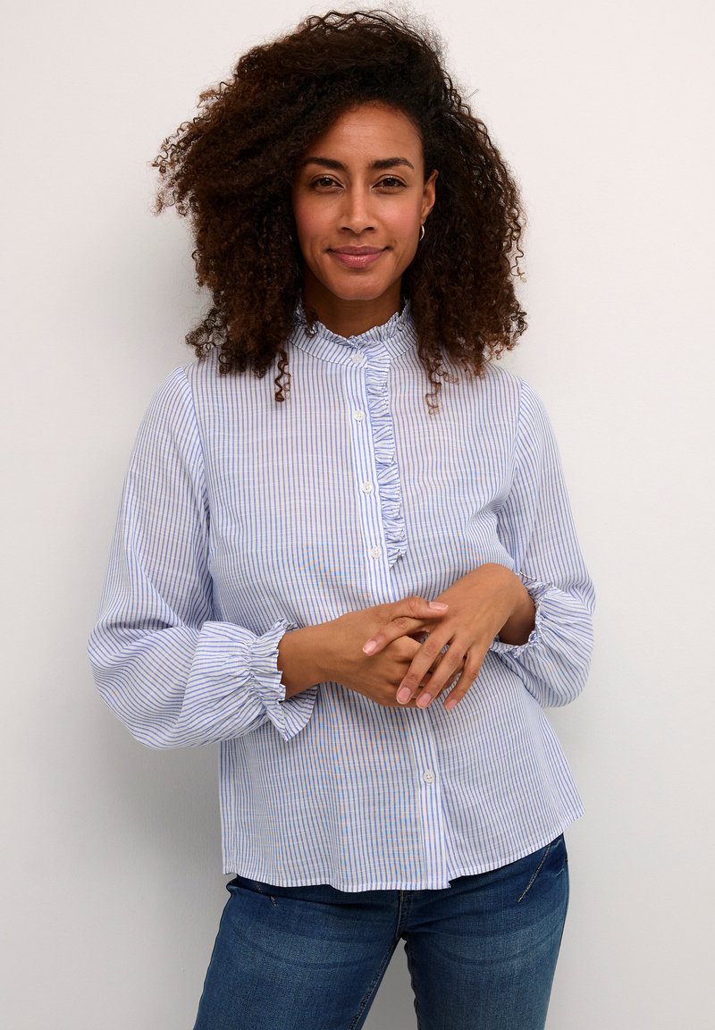 Chemise boutonnée à rayures bleu clair et blanche avec un col et des poignets volantés. Le tissu semble doux ; les manches sont amples et resserrées.