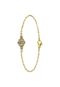 Gouden armband met een kettingontwerp en een centraal bloemmotief bezet met heldere edelstenen en een sluiting met een kreeftsklem.