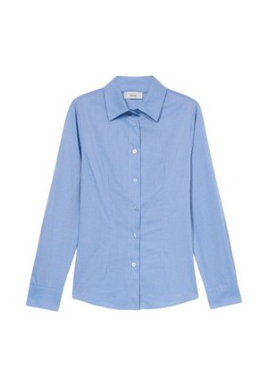 Lichtblauw langärmelig overhemd van zachte stof, met een klassieke kraag en knoopsluiting aan de voorkant, met twee borstzakken en een effen textuur.