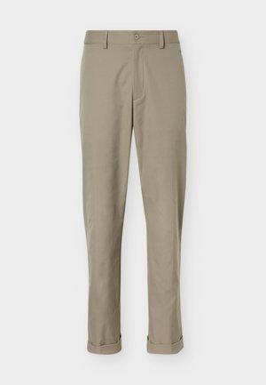 Beige straight-leg trousers with belt loops, button closure, front pockets, and rolled hems.