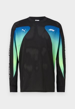 Long-sleeve black mesh shirt featuring blue and green gradient accents. Includes Puma logo on the chest and text along the sleeve.