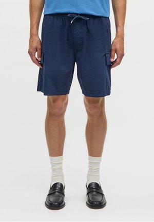 Man draagt marineblauwe cargoshorts met zijzakken, witte sportsokken, zwarte loafers en een lichtjes vooraan ingestoken blauw overhemd.