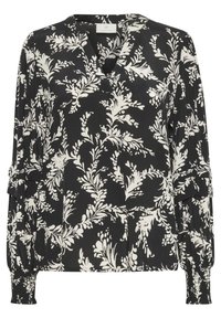 Blouse noire à manches longues avec un motif de vigne florale blanche, col en V et poignets élastiques froncés.