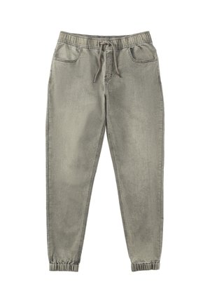 Light gray tapered jogger pants with elastic waistband, drawstring, front pockets, and elastic cuffs on a white background.