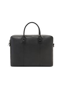 Black textured leather briefcase with two rounded handles and a zip closure on a white background.