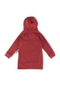 Rote Kapuzenjacke mit langen Ärmeln, gerippten Bündchen und einer Kängurutasche. Hergestellt aus weichem Stoff mit glatter Textur.