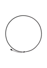 Schwarze Metalldraht-Halskette mit einem geometrischen Gliederdesign, ausgestattet mit einem Verschluss und einer Verlängerungskette für einstellbare Länge.