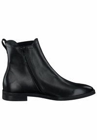 Botín negro de cuero con un acabado suave, detalle de cremallera lateral y un tacón bajo apilado. Diseño elegante con puntera redondeada.