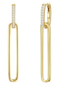 Zelta tonēti auskari ar izstieptu ovālu formu, kurā ir neliels taisns elements, kas akcentēts ar caurspīdīgiem kubiskajiem cirkoniem, lai piešķirtu papildu mirdzumu.