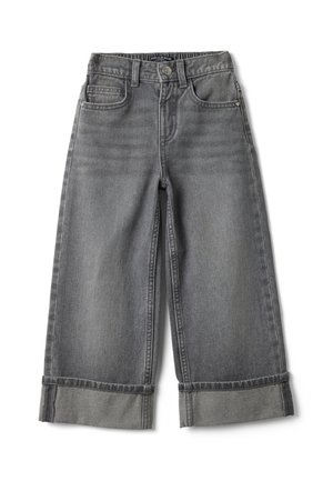 Graue Jeans mit weitem Bein, aufgekrempelten Säumen, vorderem Knopf und Reißverschluss, Gürtelschlaufen und Taschen vor weißem Hintergrund.