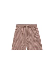 Pantalones cortos a rayas en burdeos y crema. Cintura elástica con cordón ajustable. Tejido ligero, corte relajado, largo hasta la mitad del muslo.