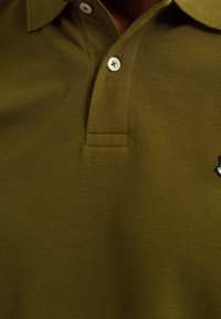 Grön polo skjorta med en texturerad tyg, två vita knappar och en liten broderad logotyp på vänster bröst.