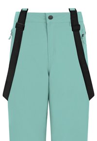 Jasnoniebieskie spodnie z regulowanymi czarnymi szelkami, bocznymi kieszeniami i zapięciem na guzik w talii. Gładka faktura i nowoczesny design.