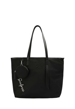 Borsa tote nera con due spallacci, dettaglio del logo e una pochette rotonda staccabile con scritta argentata. Materiale liscio e resistente.