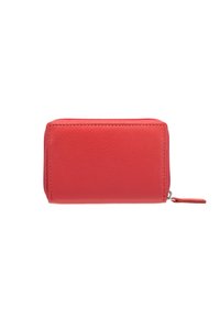 Czerwony skórzany portfel na zamek z gładką teksturą, prostokątnym kształtem i małym uchwytem do zamka. Posiada proste przeszycia wzdłuż brzegów.