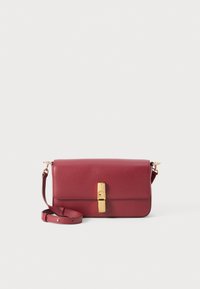 Burgundy leather crossbody bag with a gold clasp, smooth texture, rectangular shape, and adjustable strap.