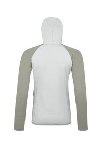 Lightweight hoodie in white and olive green. Features a textured fabric, fitted design, and a hood. Smooth seams and long sleeves.