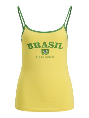 Gelbes Tanktop mit grünem Saum, mit "BRASIL"-Text und einem Grafik der brasilianischen Flagge. Hergestellt aus glattem Stoff, mit dünnen Spaghetti-Trägern.